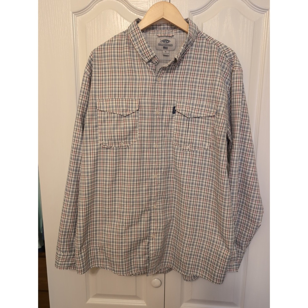 AFTCO Men's Long Sleeve Blue Plaid Button-Down Shirt, Vented Breathable XL
